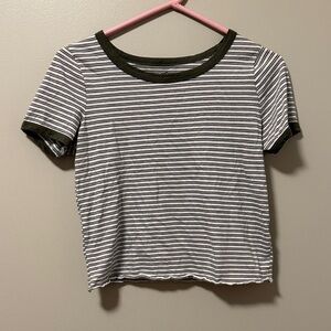 Hollister Black and White Striped Tee with Green Accents